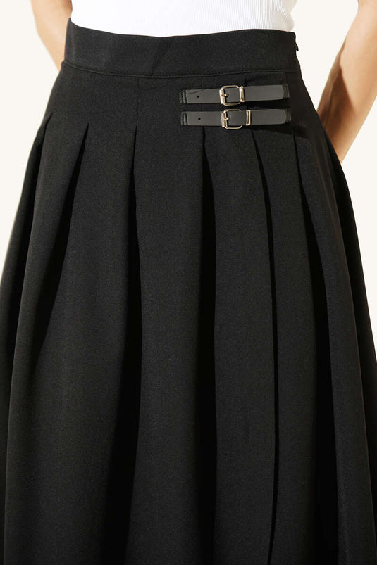 Black Midi Skirt with Belt Detail and Slit