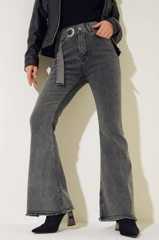 Kemer Görünümlü İspanyol Paça Jean Pantolon Orta Kar