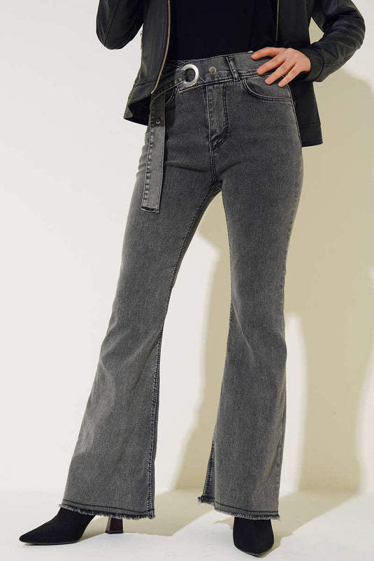 Kemer Görünümlü İspanyol Paça Jean Pantolon Orta Kar