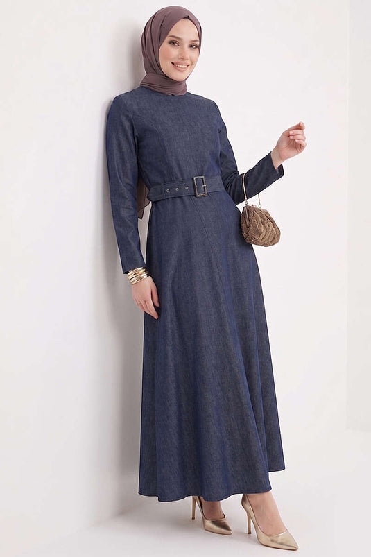 Abito in jeans con cintura e chiusura, blu scuro