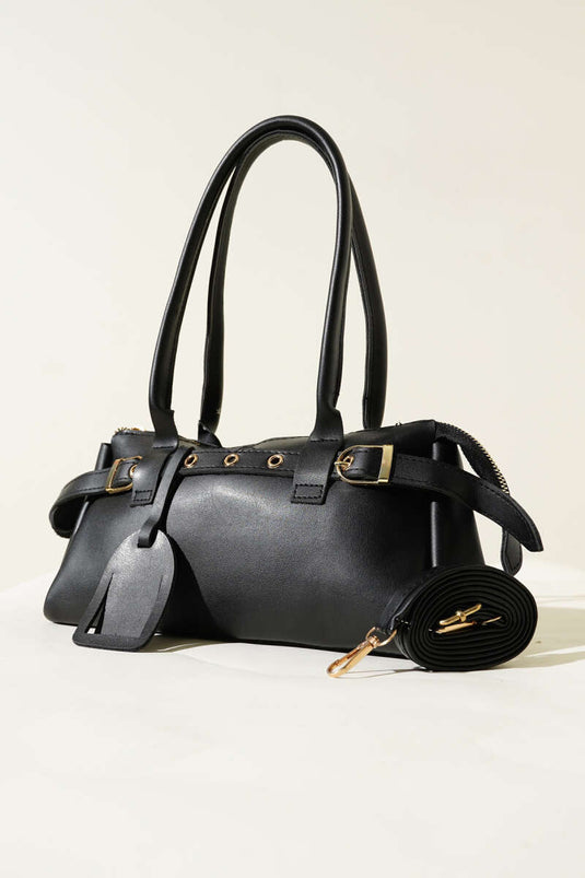Belt-Decorated Shoulder Bag Black