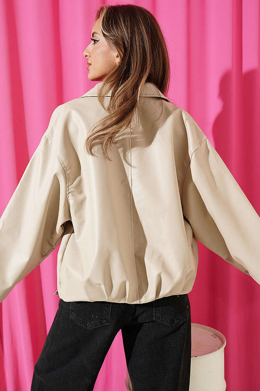 Beige Lederjacke Mit Gürtel-Schnalle