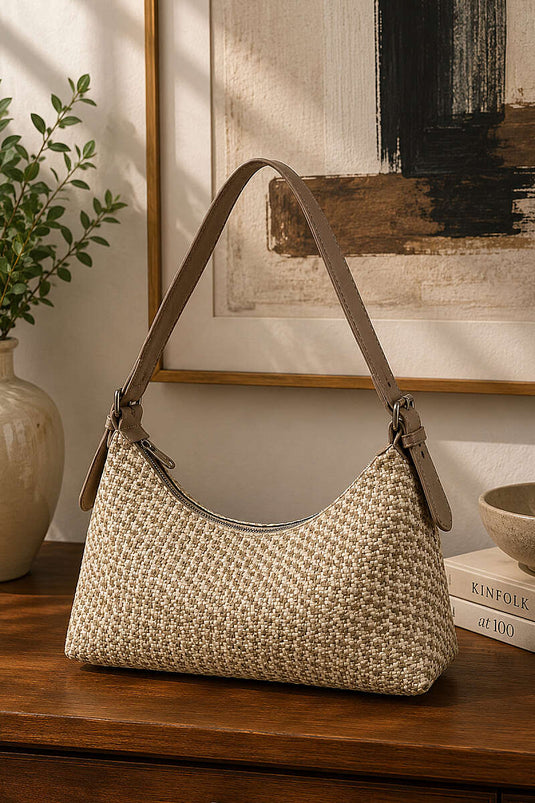 Sac En Paille Tressée Avec Boucle De Ceinture En Camel