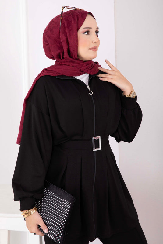 Ensemble Pantalon Plissé Et Tunique À Ceinture Noire