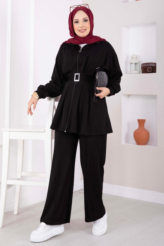 Ensemble Pantalon Plissé Et Tunique À Ceinture Noire