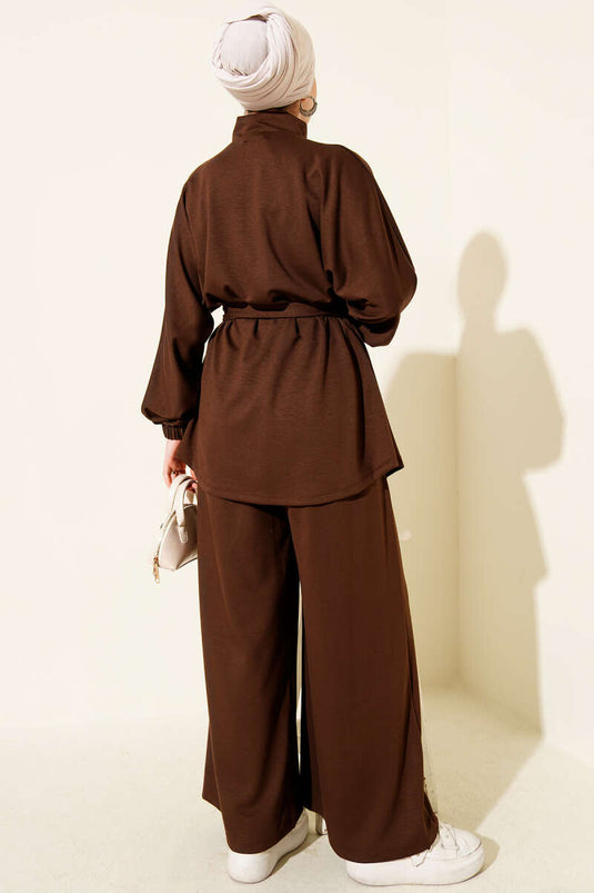 Kemer Tokalı Fermuarlı Loyşa İkili Takım Kahve