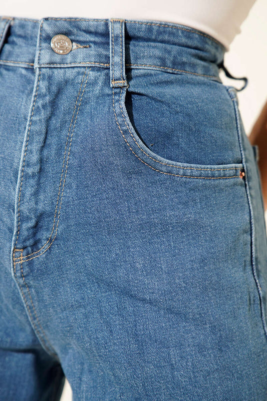 بنطال جينز واسع الساقين مع مشبك حزام، أزرق