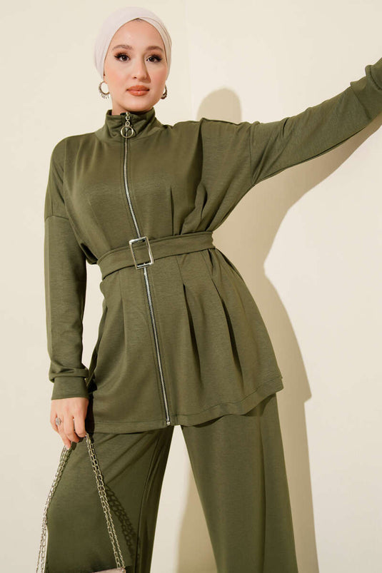 Belt Buckle Dart Two Piece Suit Khaki