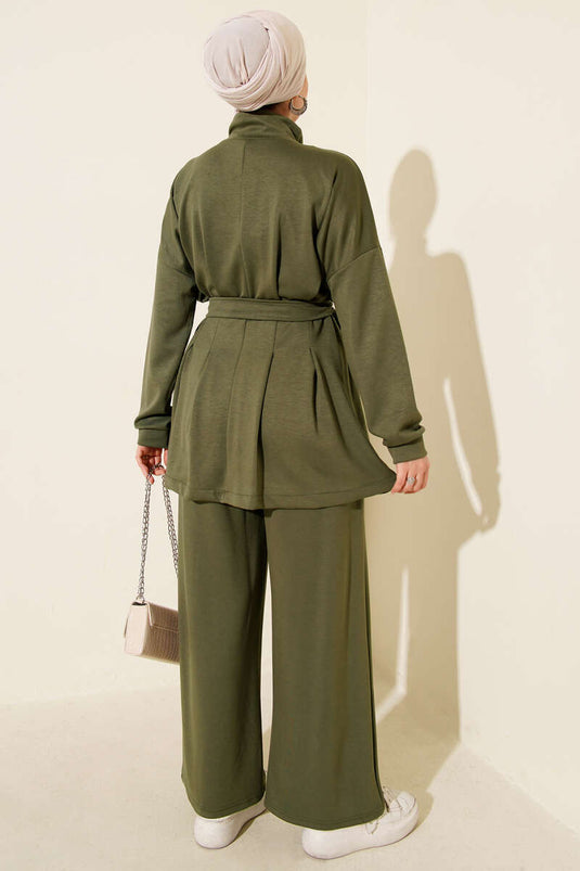 Belt Buckle Dart Two Piece Suit Khaki