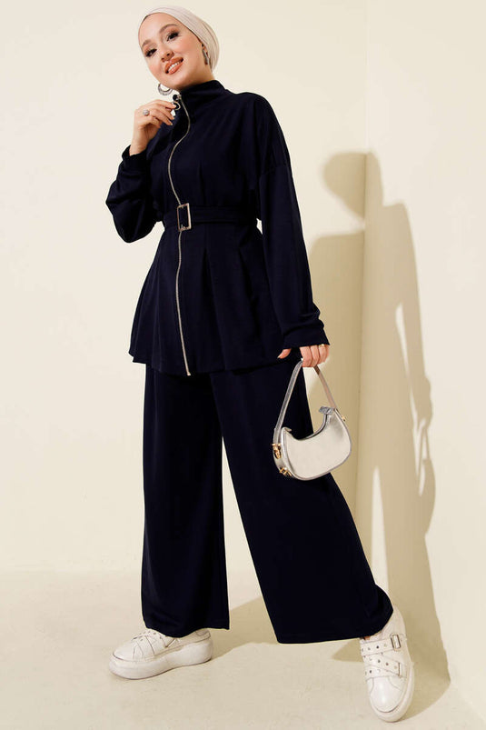 Belt Buckle Dart Two Piece Suit Navy Blue