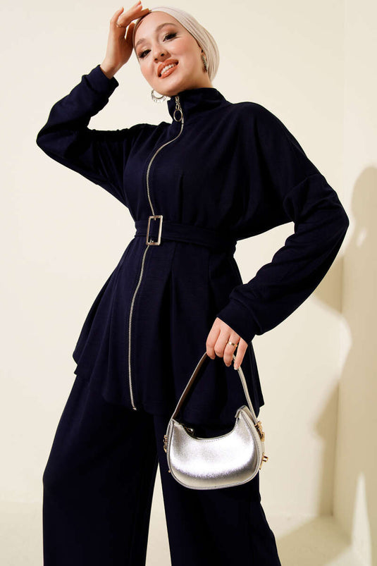 Belt Buckle Dart Two Piece Suit Navy Blue