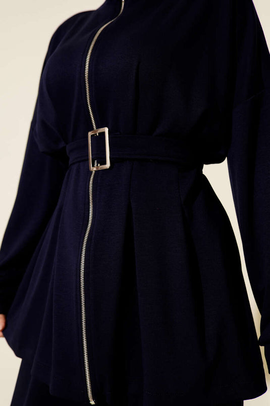 Belt Buckle Dart Two Piece Suit Navy Blue