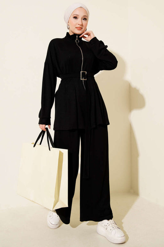 Belt Buckle Dart Two Piece Suit Black