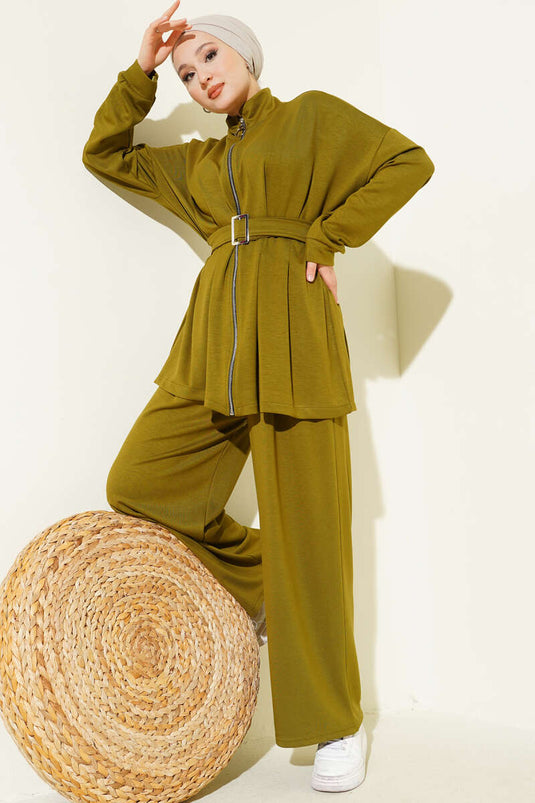 Belt Buckle Dart Two-Piece Suit Oil Green