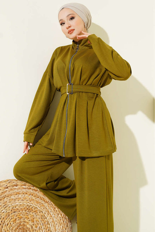 Belt Buckle Dart Two-Piece Suit Oil Green