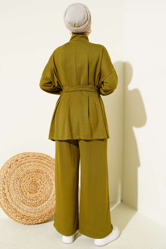 Belt Buckle Dart Two-Piece Suit Oil Green