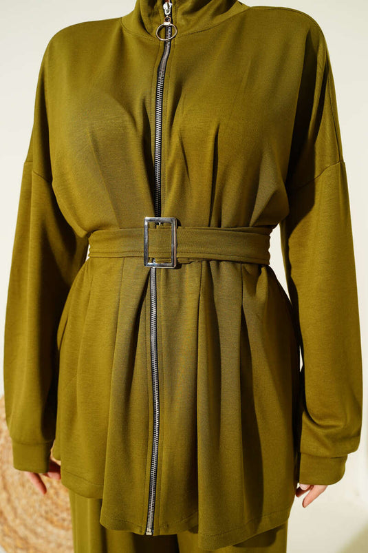 Belt Buckle Dart Two-Piece Suit Oil Green