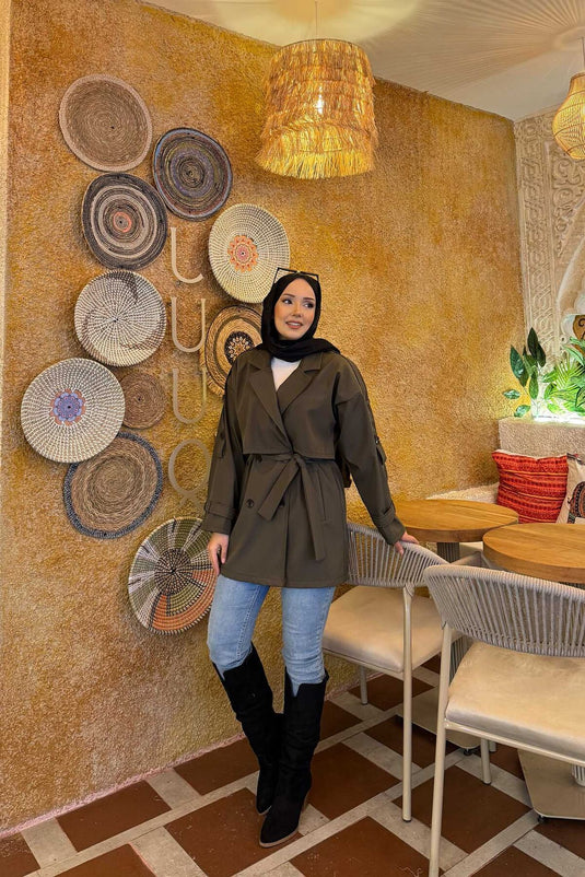 Belted Epaulette Detailed Premium Trench Coat Khaki