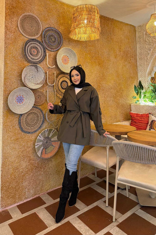 Belted Epaulette Detailed Premium Trench Coat Khaki