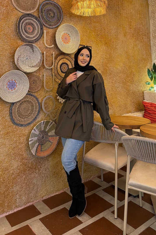 Belted Epaulette Detailed Premium Trench Coat Khaki