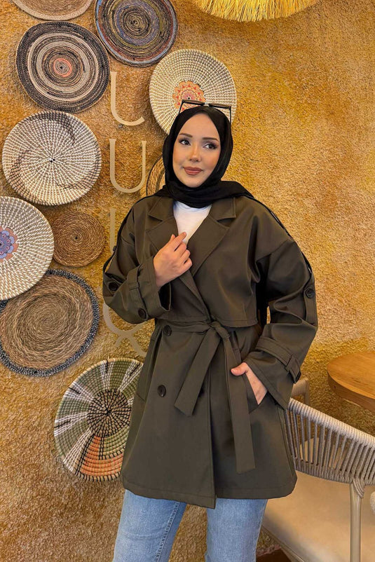 Belted Epaulette Detailed Premium Trench Coat Khaki