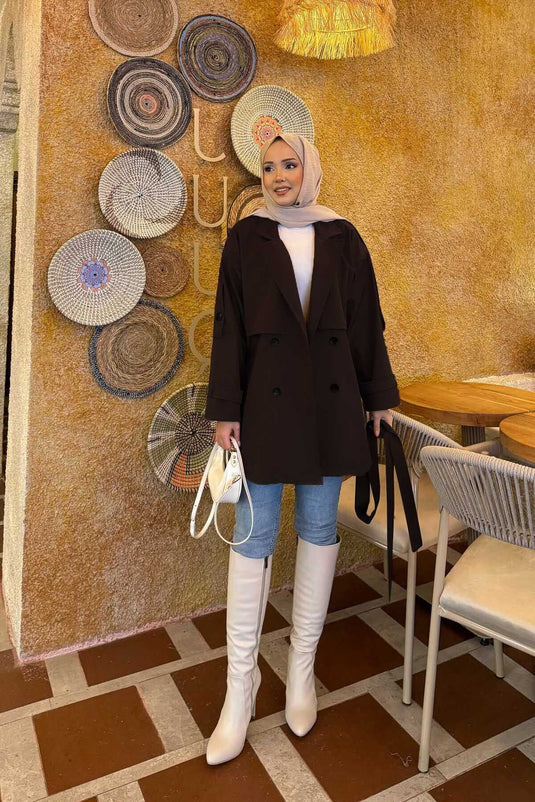 Kemerli Apolet Detaylı Premium Trençkot Kahve