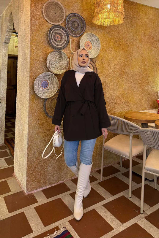Kemerli Apolet Detaylı Premium Trençkot Kahve