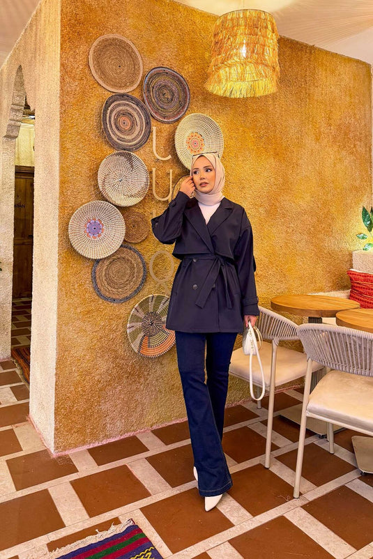 Trench-coat haut de gamme à épaulettes ceinturées, bleu marine