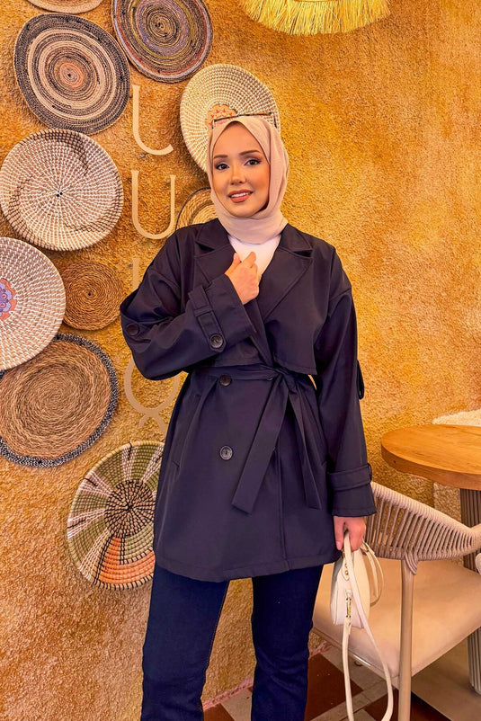 Trench-coat haut de gamme à épaulettes ceinturées, bleu marine