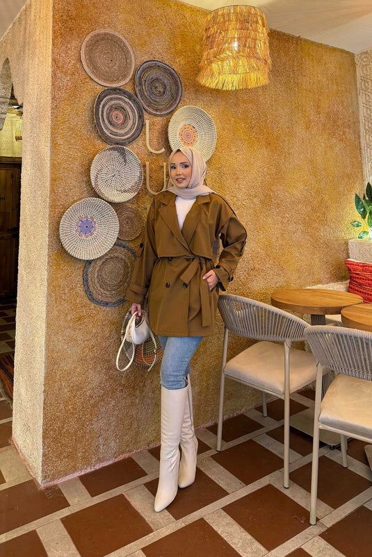 Kemerli Apolet Detaylı Premium Trençkot Taba