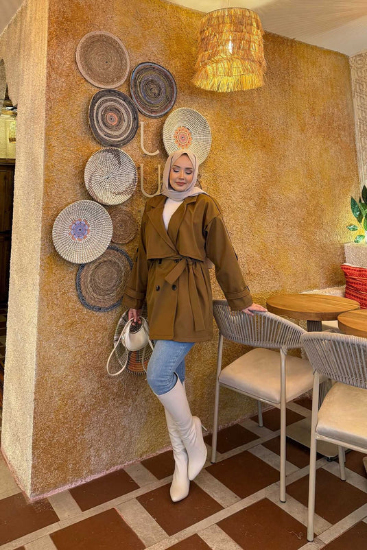 Kemerli Apolet Detaylı Premium Trençkot Taba