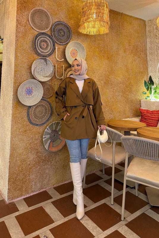 Kemerli Apolet Detaylı Premium Trençkot Taba