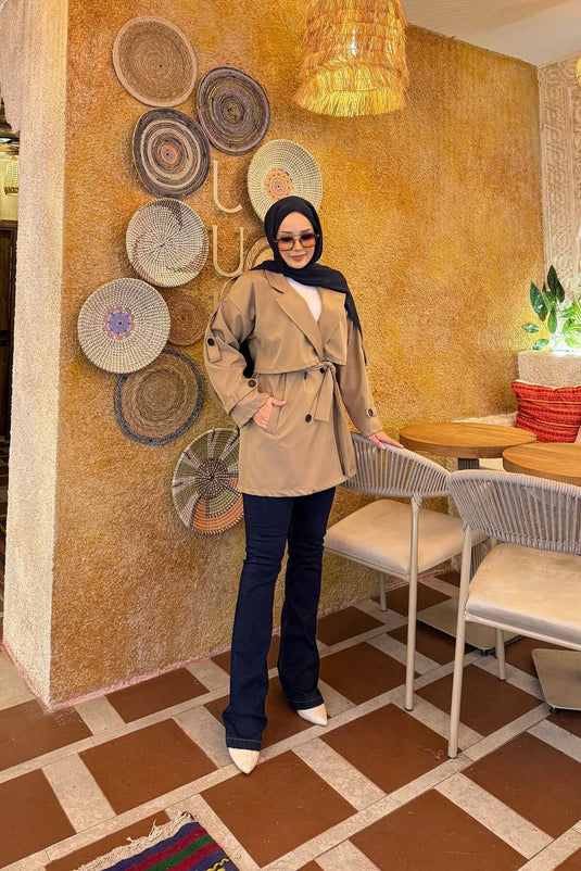 Kemerli Apolet Detaylı Premium Trençkot Vizon