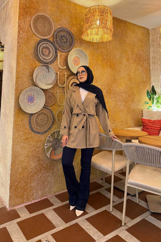Kemerli Apolet Detaylı Premium Trençkot Vizon