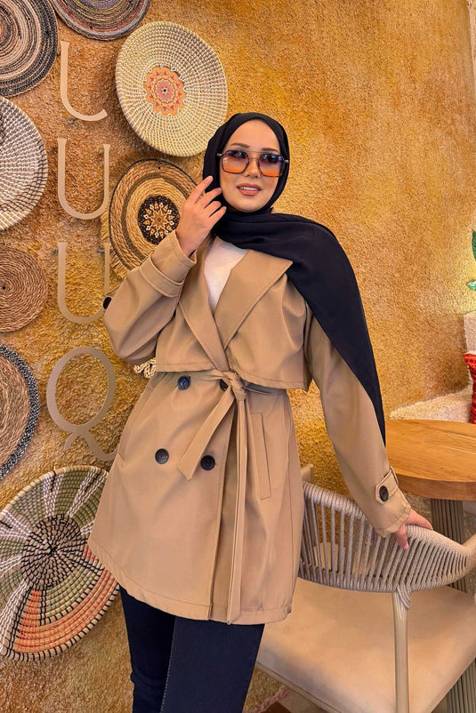 Kemerli Apolet Detaylı Premium Trençkot Vizon