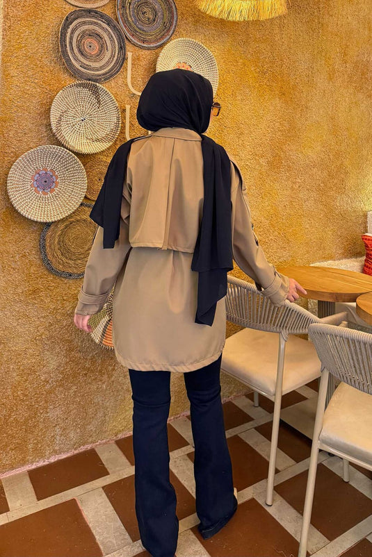 Kemerli Apolet Detaylı Premium Trençkot Vizon