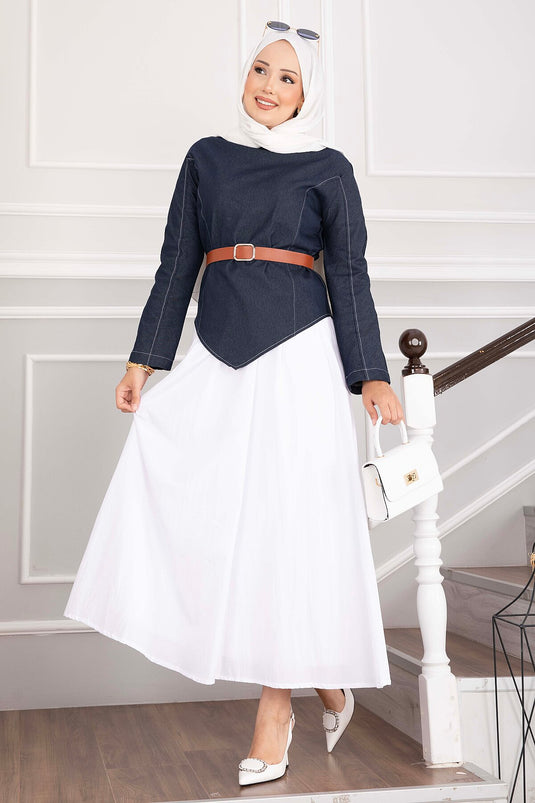 Gürtel-Underschnittes Jeansblusen-Und-Rock-Set Navy