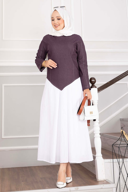 Belted Asymmetrical Denim Blouse And Skirt Set In Plum