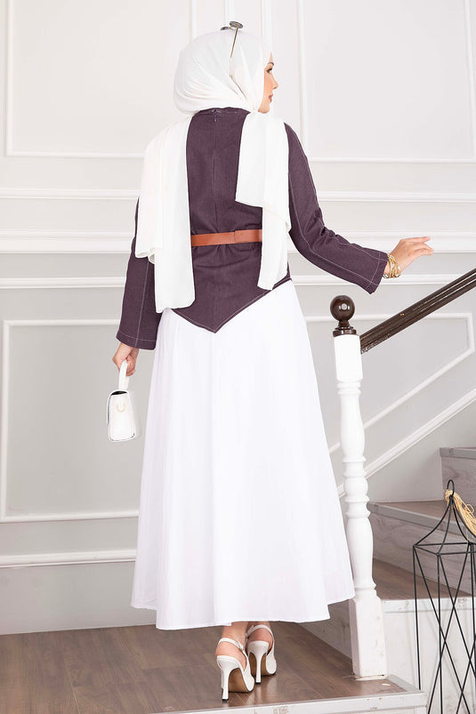 Belted Asymmetrical Denim Blouse And Skirt Set In Plum