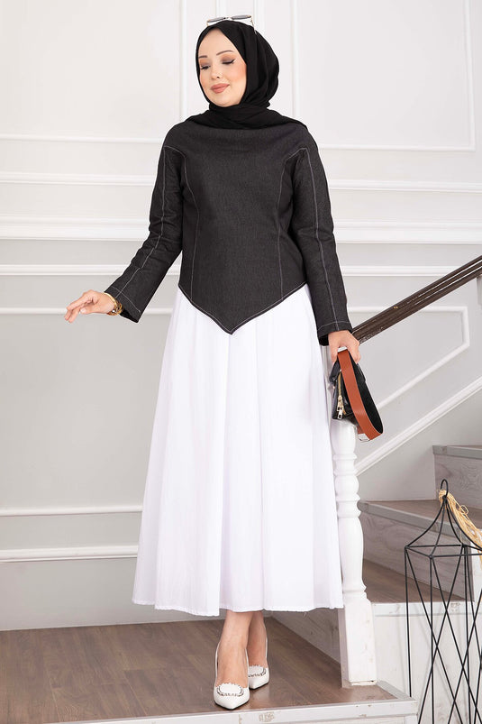 Belted Asymmetrical Denim Blouse And Skirt Set