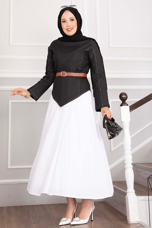 Belted Asymmetrical Denim Blouse And Skirt Set