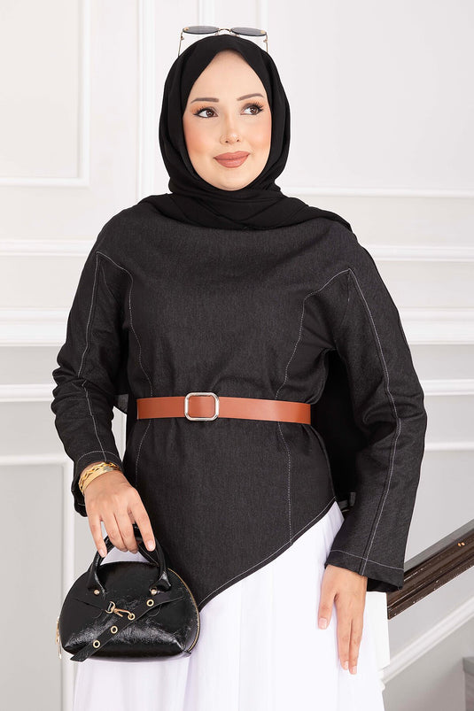 Belted Asymmetrical Denim Blouse And Skirt Set