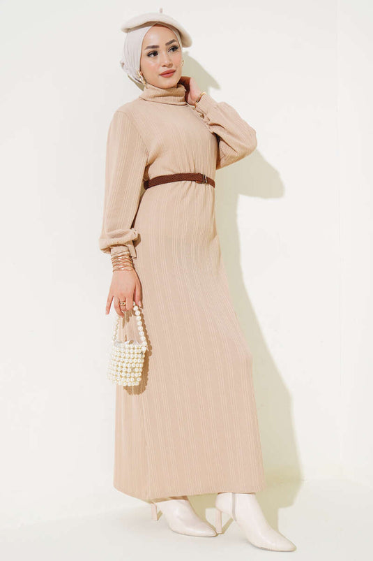 Robe Col Roulé Ceinturée Biscuit