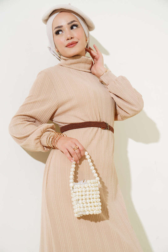 Robe Col Roulé Ceinturée Biscuit