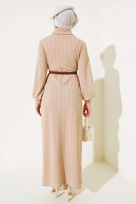 Robe Col Roulé Ceinturée Biscuit