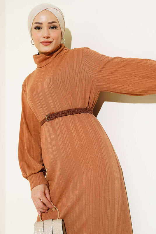 Kemerli Balıkçı Yaka Elbise Latte