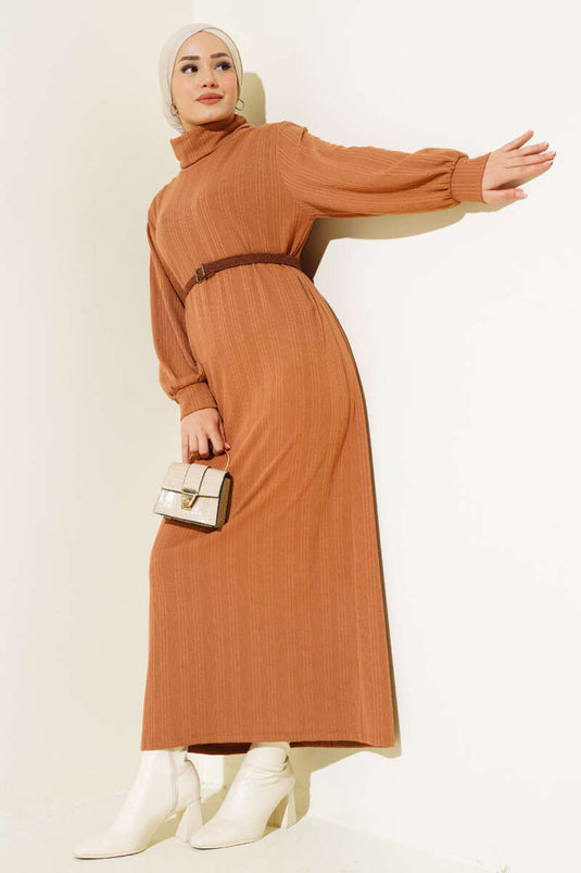 Kemerli Balıkçı Yaka Elbise Latte