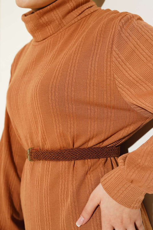 Kemerli Balıkçı Yaka Elbise Latte