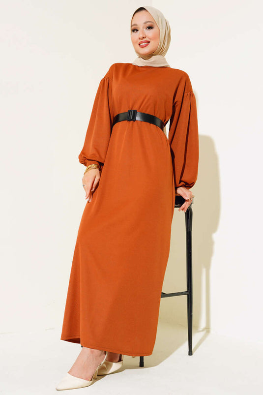 Kemerli Balon Kol Elbise Taba