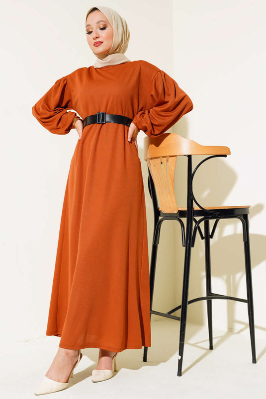 Kemerli Balon Kol Elbise Taba